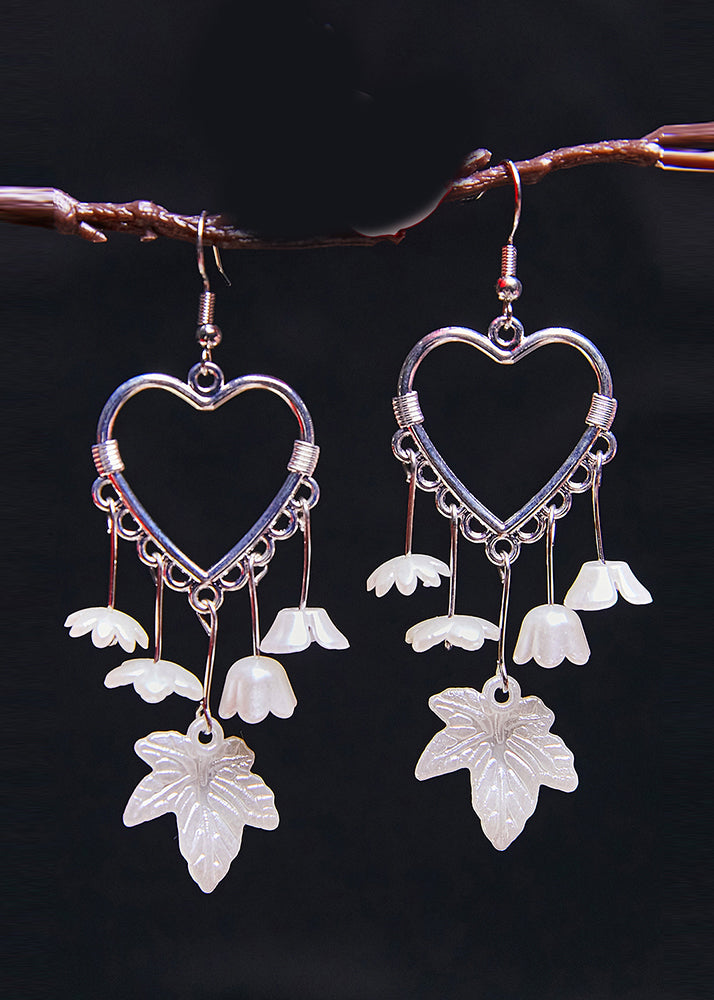 Women White Leaf Acrylic Heart-shaped Drop Earrings