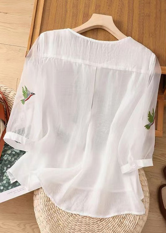 Women White O Neck Embroideried Cotton T Shirts Summer