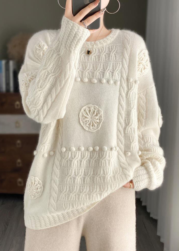 Women White O-Neck Floral Cozy Cashmere Knit Sweater Long Sleeve