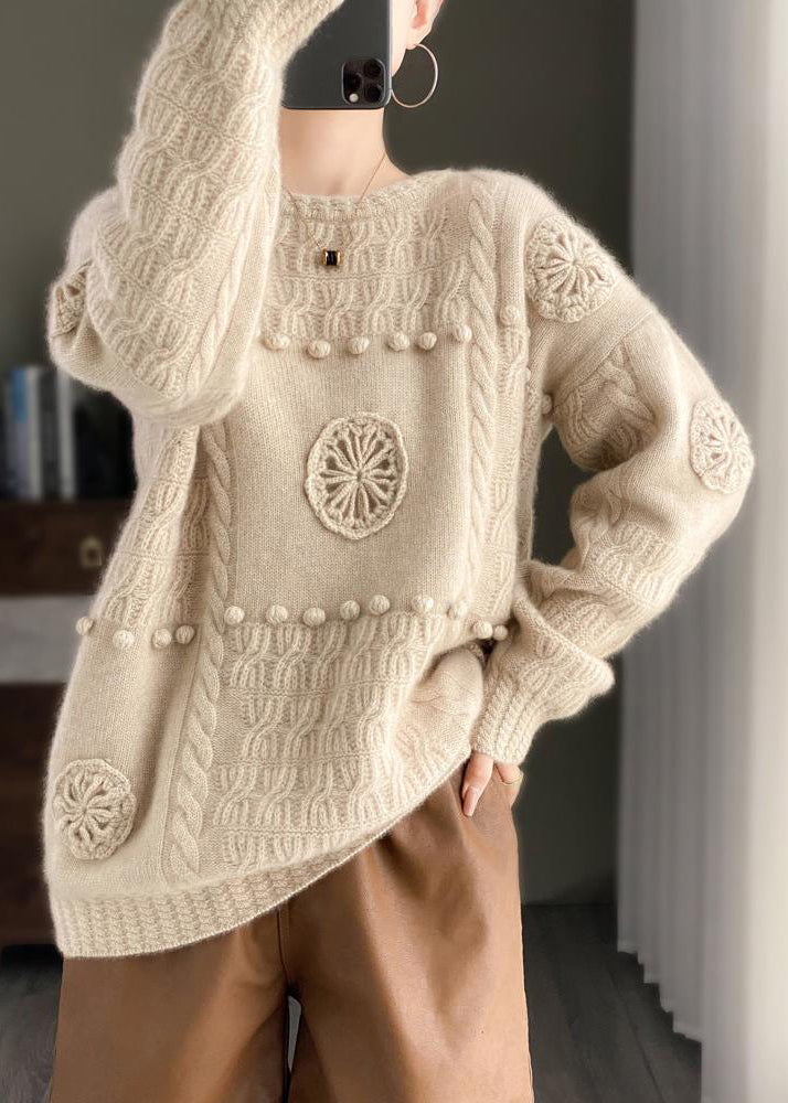 Women White O-Neck Floral Cozy Cashmere Knit Sweater Long Sleeve