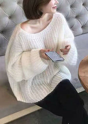 Women White O-Neck Hollow Out Cozy Wool Knit Sweaters Spring