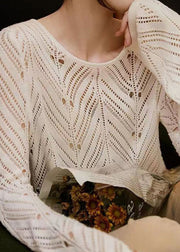 Women White O Neck Hollow Out Patchwork Knit Top Long Sleeve