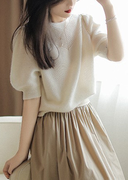 Women White O-Neck Hollow Out Wool Sweaters Puff Sleeve