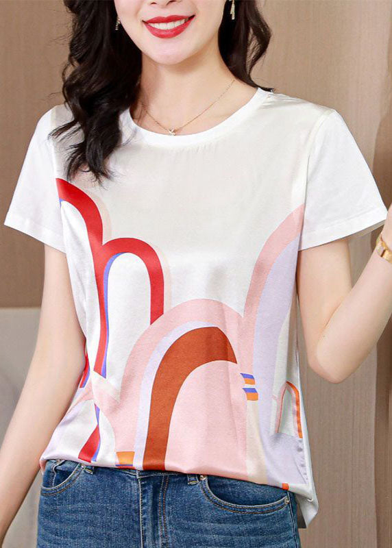 Women White O-Neck Original Design Print Silk Tops Summer