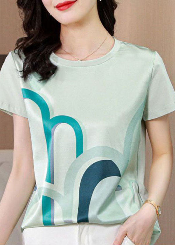 Women White O-Neck Original Design Print Silk Tops Summer