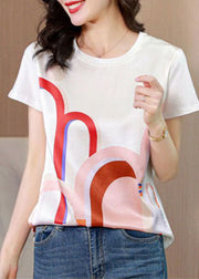 Women White O-Neck Original Design Print Silk Tops Summer