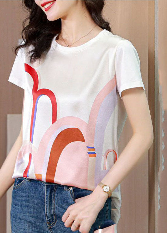 Women White O-Neck Original Design Print Silk Tops Summer