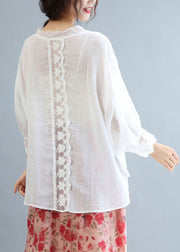 Women White O-Neck Oversized Linen Blouse Tops Bracelet Sleeve