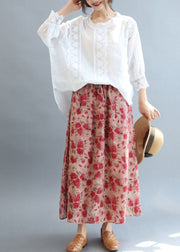 Women White O-Neck Oversized Linen Blouse Tops Bracelet Sleeve