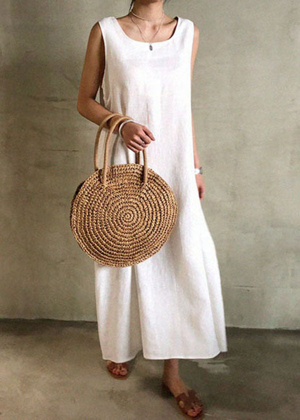 Women White O Neck Patchwork Cotton Maxi Dress Sleeveless