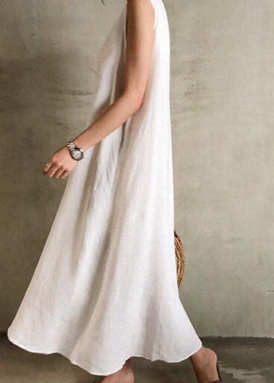 Women White O Neck Patchwork Cotton Maxi Dress Sleeveless