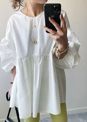 Women White O Neck Patchwork Cotton Shirt Tops Lantern Sleeve