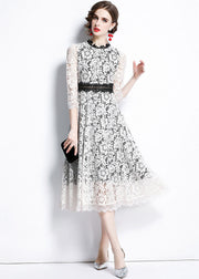 Women White O-Neck Patchwork Lace Party Dress Bracelet Sleeve