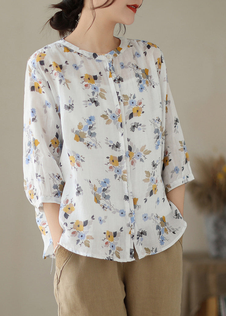 Women White O-Neck Print Button Ramie Shirts Summer