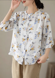 Women White O-Neck Print Button Ramie Shirts Summer