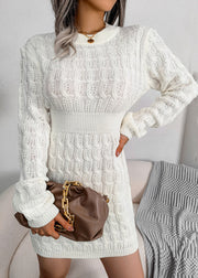 Women White O Neck Slim Fit Knit Sweater Dress Fall