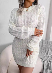 Women White O Neck Slim Fit Knit Sweater Dress Fall