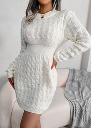 Women White O Neck Slim Fit Knit Sweater Dress Fall