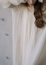 Women White O-Neck Solid Chiffon Dress Petal Sleeve