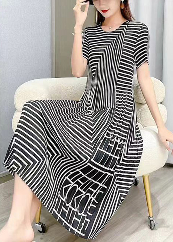 Women White O Neck Striped Wrinkled Silk Dresses Summer