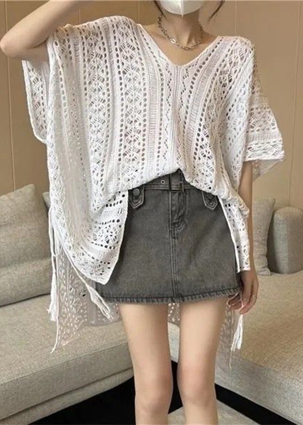 Women White Oversized Side Open Hollow Out Knit Long Smock Summer