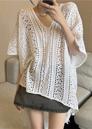 Women White Oversized Side Open Hollow Out Knit Long Smock Summer