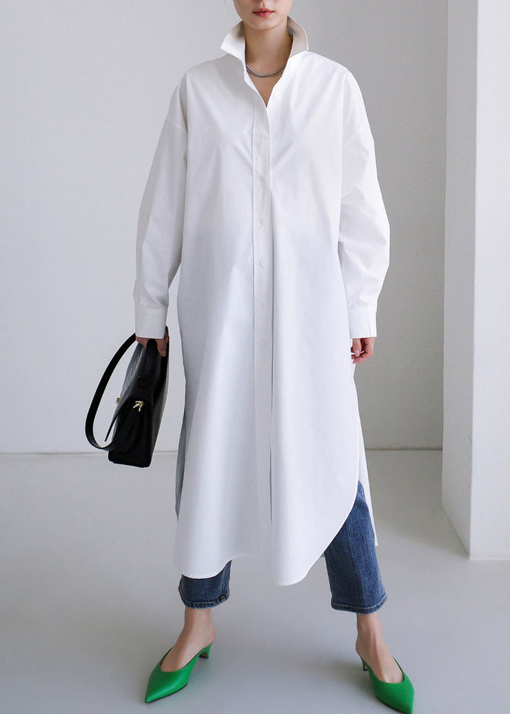 Women White Peter Pan Collar Asymmetrical Cotton Shirts Long Sleeve