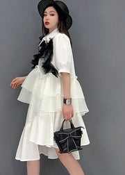 Women White Peter Pan Collar Asymmetrical Design Ruffles Patchwork Tulle Maxi Dresses Short Sleeve