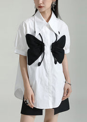 Women White Peter Pan Collar Butterfly Patchwork Cotton Shirts Top Summer