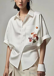 Women White Peter Pan Collar Button Print Cotton Shirt Summer