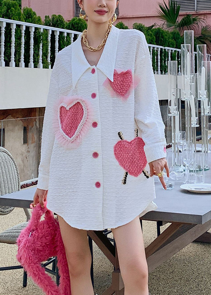 Women White Peter Pan Collar Embroideried Loving Heart Button Shirt Long Sleeve