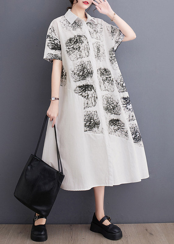 Women White Peter Pan Collar Print Long Shirt Dress Summer