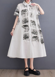 Women White Peter Pan Collar Print Long Shirt Dress Summer