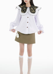 Women White Peter Pan Collar Shirts Tops And Skirts Cotton Two Pieces Set Spring