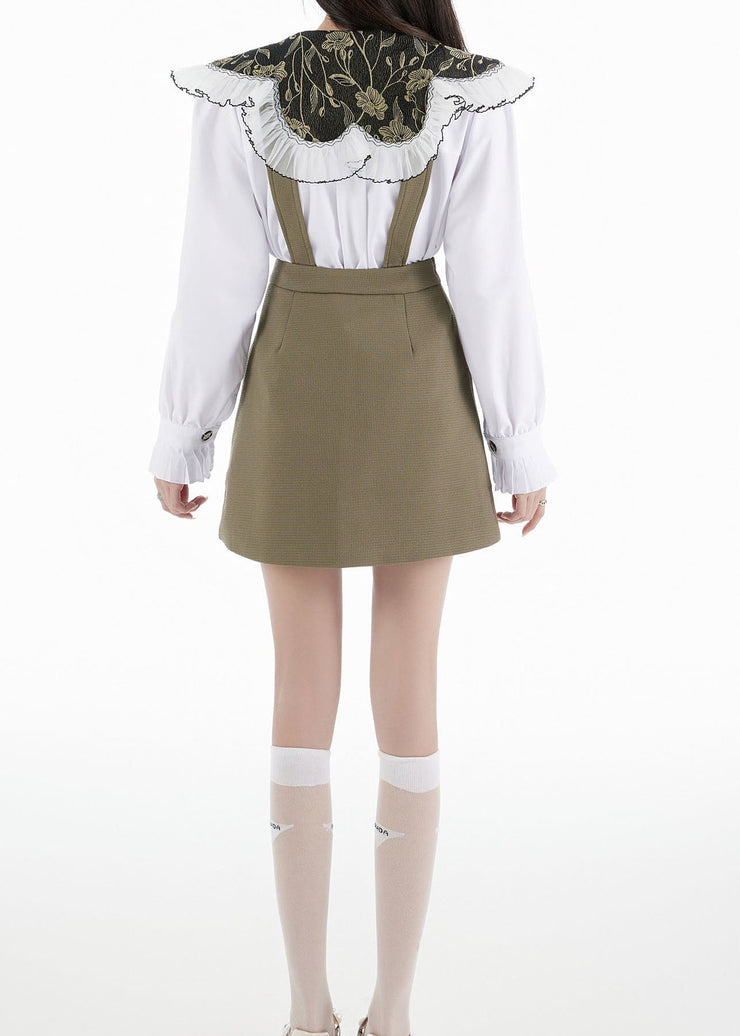 Women White Peter Pan Collar Shirts Tops And Skirts Cotton Two Pieces Set Spring