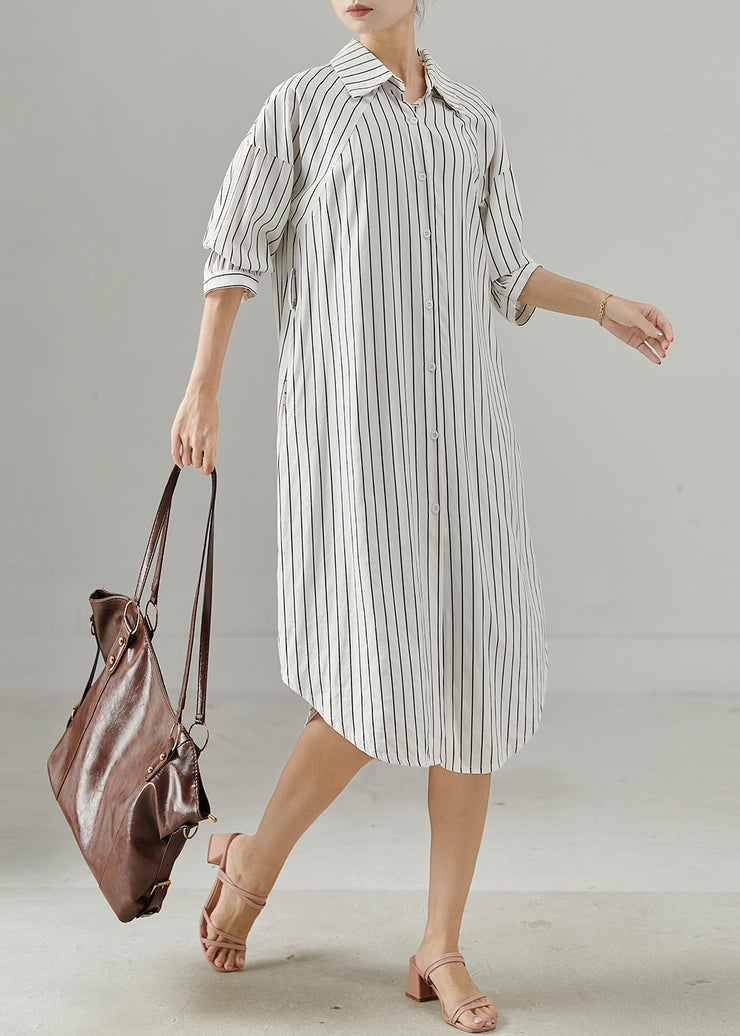 Women White Peter Pan Collar Striped Cotton Shirt Dresses Fall