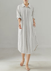 Women White Peter Pan Collar Striped Cotton Shirt Dresses Fall