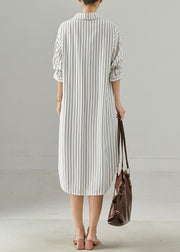 Women White Peter Pan Collar Striped Cotton Shirt Dresses Fall