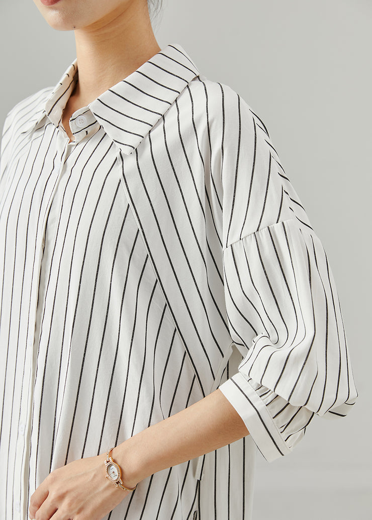 Women White Peter Pan Collar Striped Cotton Shirt Dresses Fall