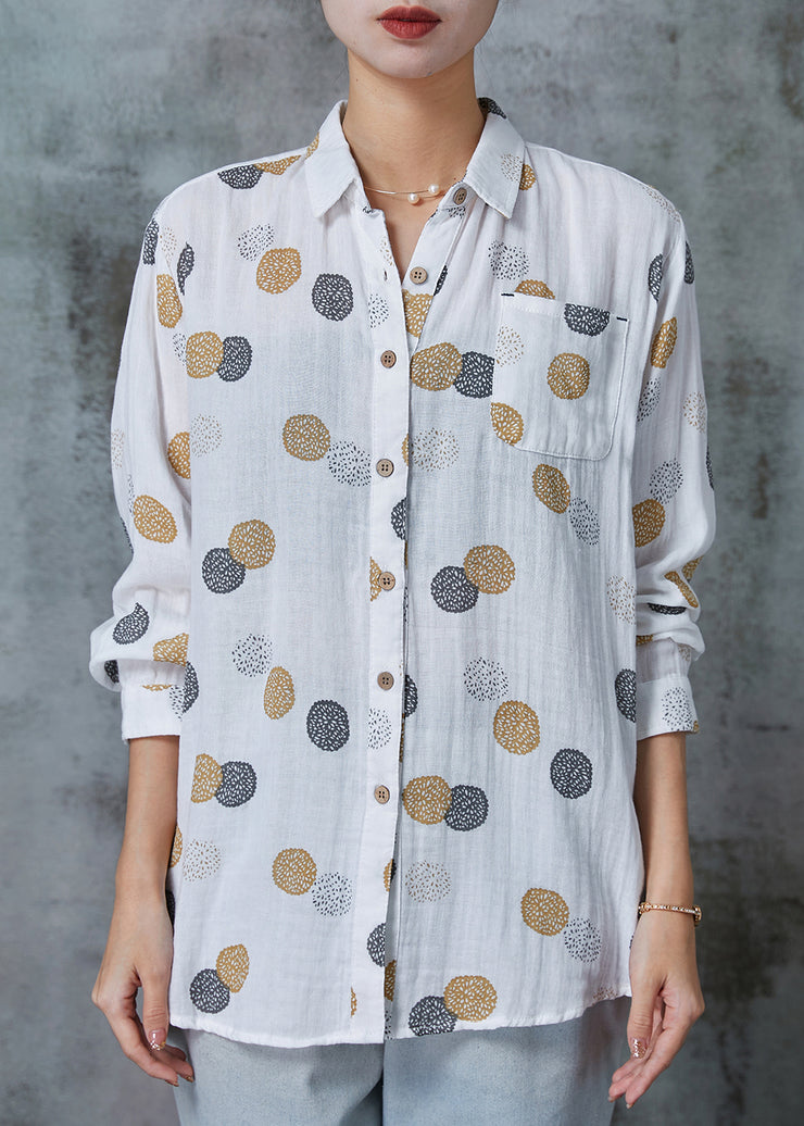 Women White Print Pocket Cotton Shirts Spring