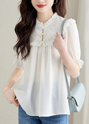 Women White Ruffled Chinese Button Patchwork Chiffon Shirt Top Summer