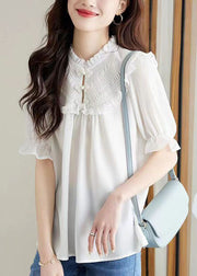 Women White Ruffled Chinese Button Patchwork Chiffon Shirt Top Summer