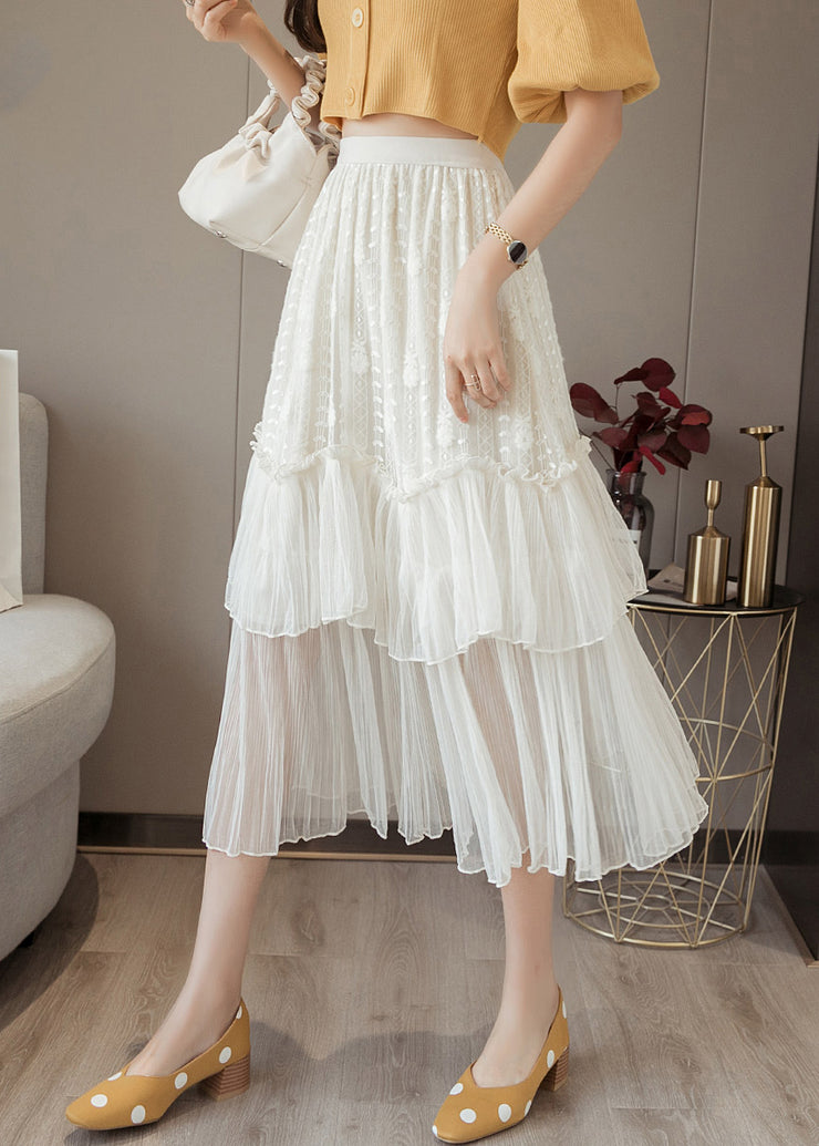 Women White Ruffled High Waist Chiffon Skirt Summer