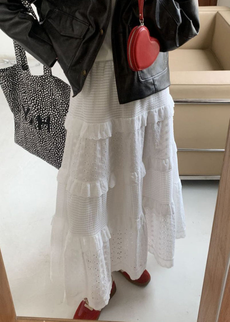 Women White Ruffled Hollow Out Cotton Skirts Summer