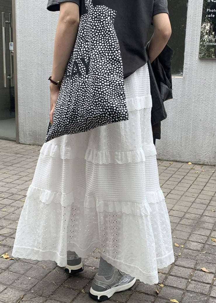 Women White Ruffled Hollow Out Cotton Skirts Summer