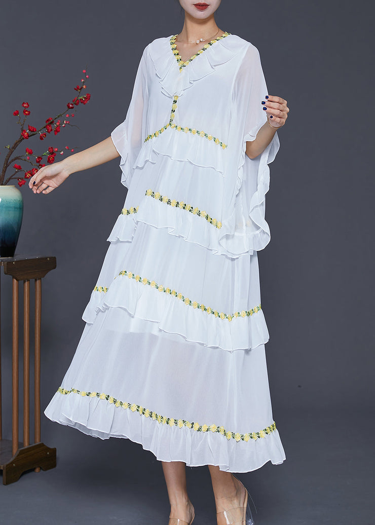 Women White Ruffled Patchwork Chiffon Beach Dress Summer