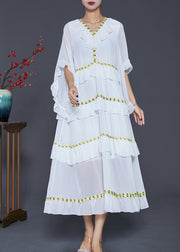 Women White Ruffled Patchwork Chiffon Beach Dress Summer