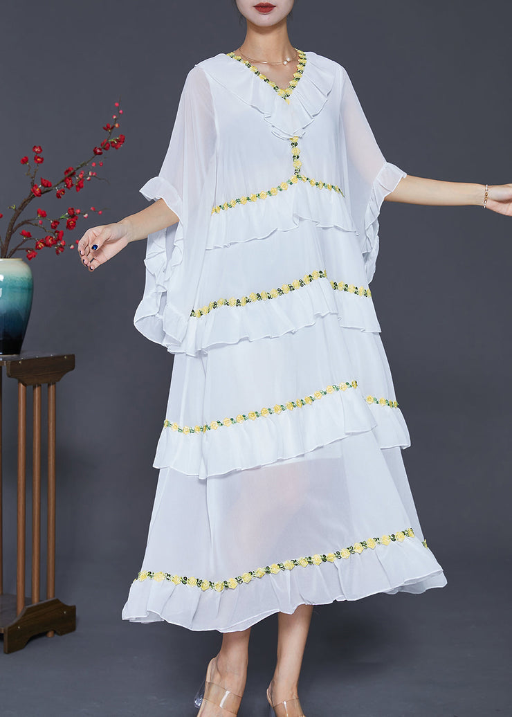 Women White Ruffled Patchwork Chiffon Beach Dress Summer