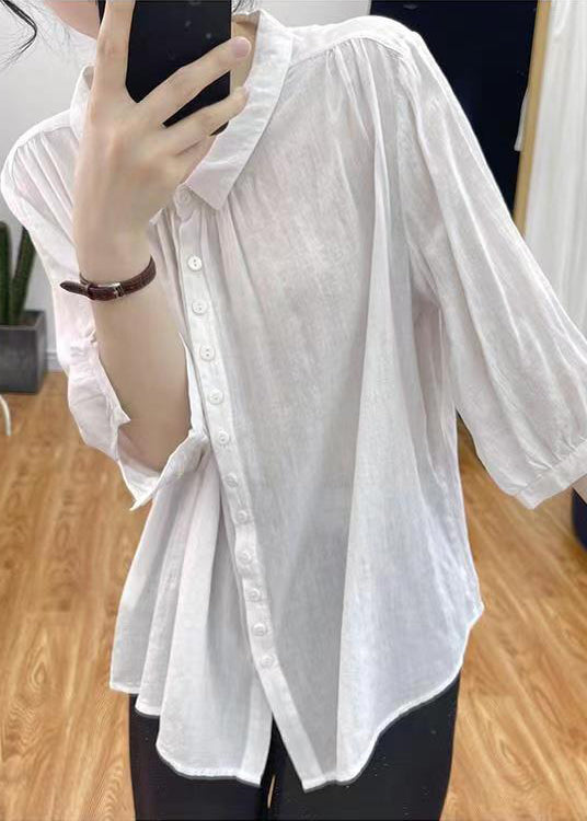 Women White Solid Button Cotton Shirts Bracelet Sleeve