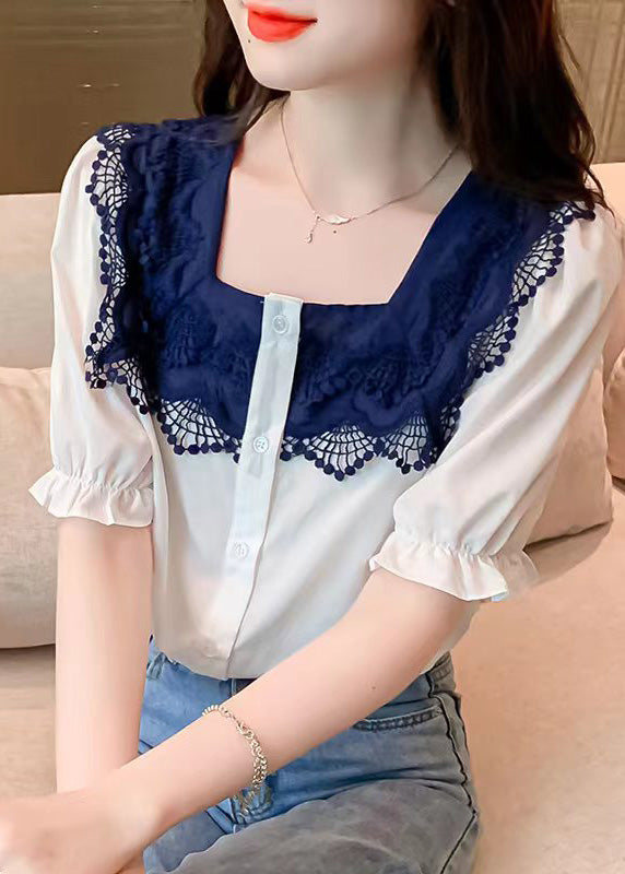 Women White Square Collar Lace Patchwork Button Shirt Short Sleeve